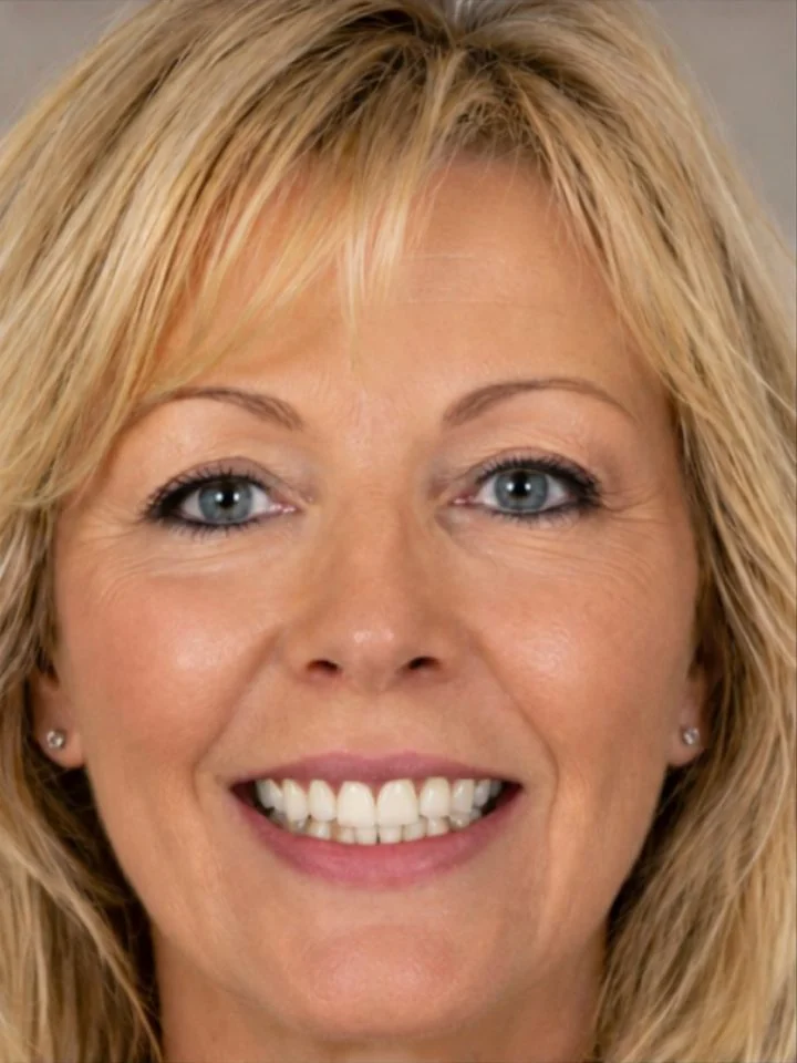After: the same patient's smile with the teeth aligned and the shade harmonised, the gum line, lips and expression unchanged.