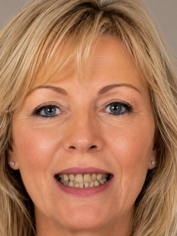 Before: the patient's smile as photographed, with uneven tooth shape and shade.